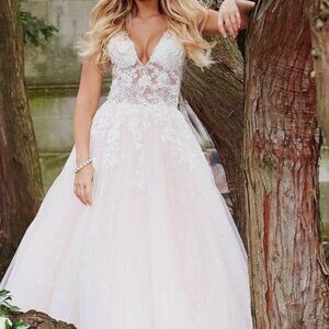 Jovani 55634 V-Neck A-line Long Party Dress Size 8 white/pink MSRP 875
